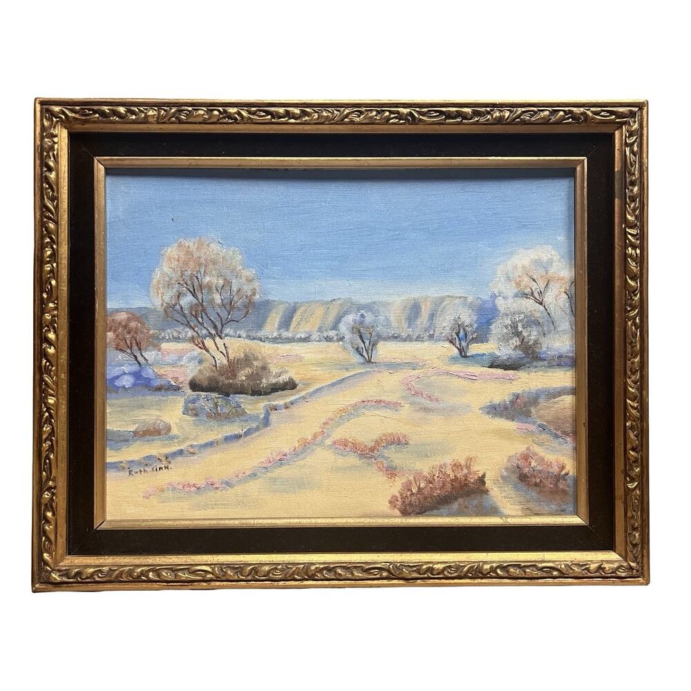 Vtg Blue Skies Mountain Landscape Signed Gold Gilt Velvet Framed Painting Signed